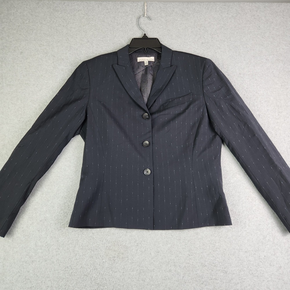 Anne Klein Blazer Jacket Womens 8 Black Pinstripe Tailored Career Peak Lapel